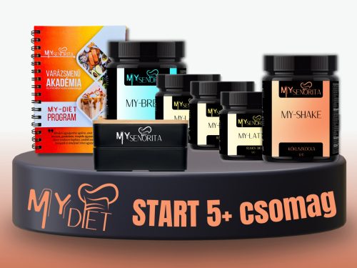 My-Diet Start 5+ csomag - Kókuszos mandula MyLatte, Rumos dió MyLatte, Csokoládé mogyoró mousse MyLatte, Kókuszkocka MyShake, Bundázó, MyDiet könyv, emeletes Bento ételhordó