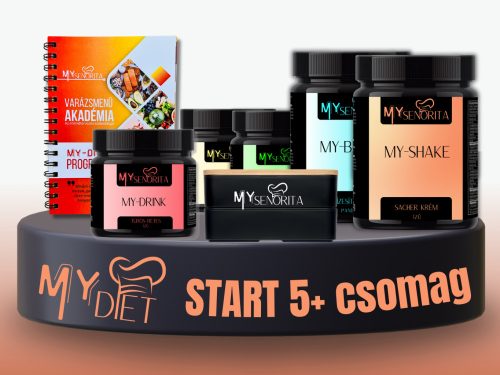 My-Diet Start 5+ csomag - Rumos csoki MyShake, Bundázó, Csokoládé mogyoró mousse MyLatte, Meggyes csokimousse MyDrink, Zöldséges MySpicy, MyDiet könyv, Bento emeltes ételhordó