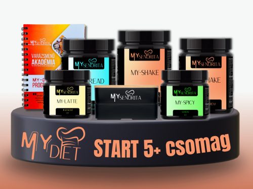 My-Diet Start 5+ csomag - Erdei-gyümölcsleves Myshake, Csokoládé mousse MyShake, Bundázó, Jegeskávé MyLatte, Zöldséges MySpicy, MyDiet könyv, emeletes Bento ételhordó