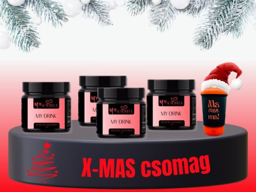 My-XMAS 4+ csomag: karácsonyi My-drink gyümölcsös pack - ananász-kókusz, rumos meggy, aszalt szilva, fahéja alma, ajándék Shaker