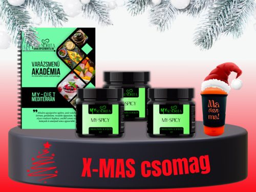 My-XMAS Mediterrán 4+ csomag: My-Mediterrán nyomdai könyv, mézes-sült oldalas spicy, fokhagymás-tejfölös spicy, sajtos spicy, ajándék Shaker