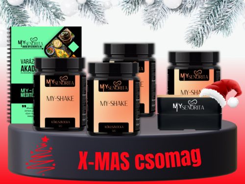 My-XMAS Mediterrán 5+ csomag: My-Mediterrán nyomdai könyv, Csokoládé mousse myshake, meggykrémleves myshake, kókuszkocka myshake, palócleves myshake, ajándék bento doboz